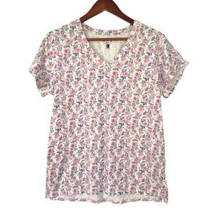 Blue Mountain Floral V-Neck Short Sleeve T-Shirt Cream Pink Purple Large